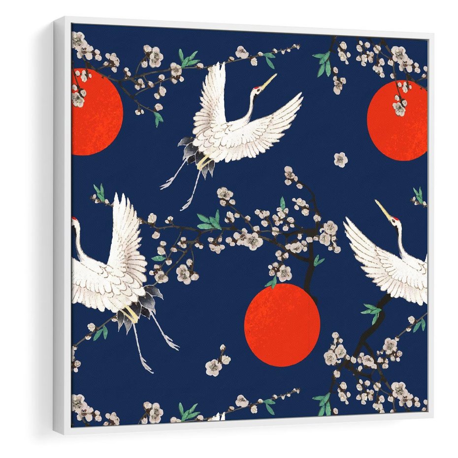 Obraz w ramie 80x80 - Japońskie Żurawie Indygo - sztuka japońska, japonia - rama biała