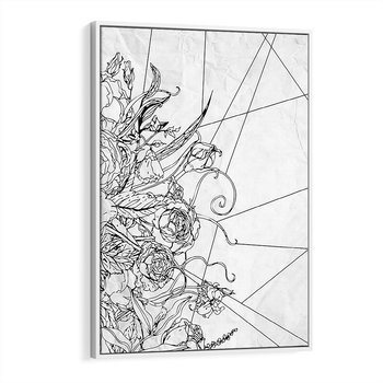 Obraz w ramie 80x120 - Refleksje w martwym punkcie - graficzny szkic, kompozycja kwiatów - rama biała