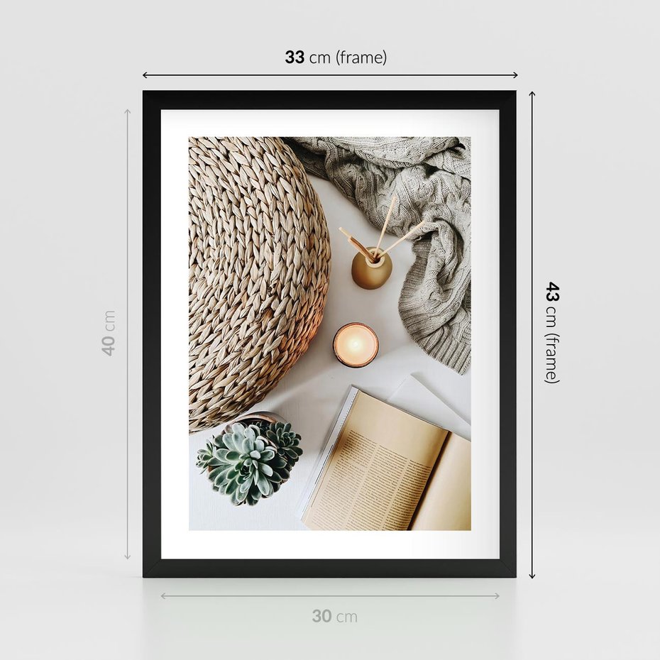 Plakat w ramie 30x40 - Przytulna Kompozycja Lifestyle - kompozycja lifestyle, wiklina - rama czarna