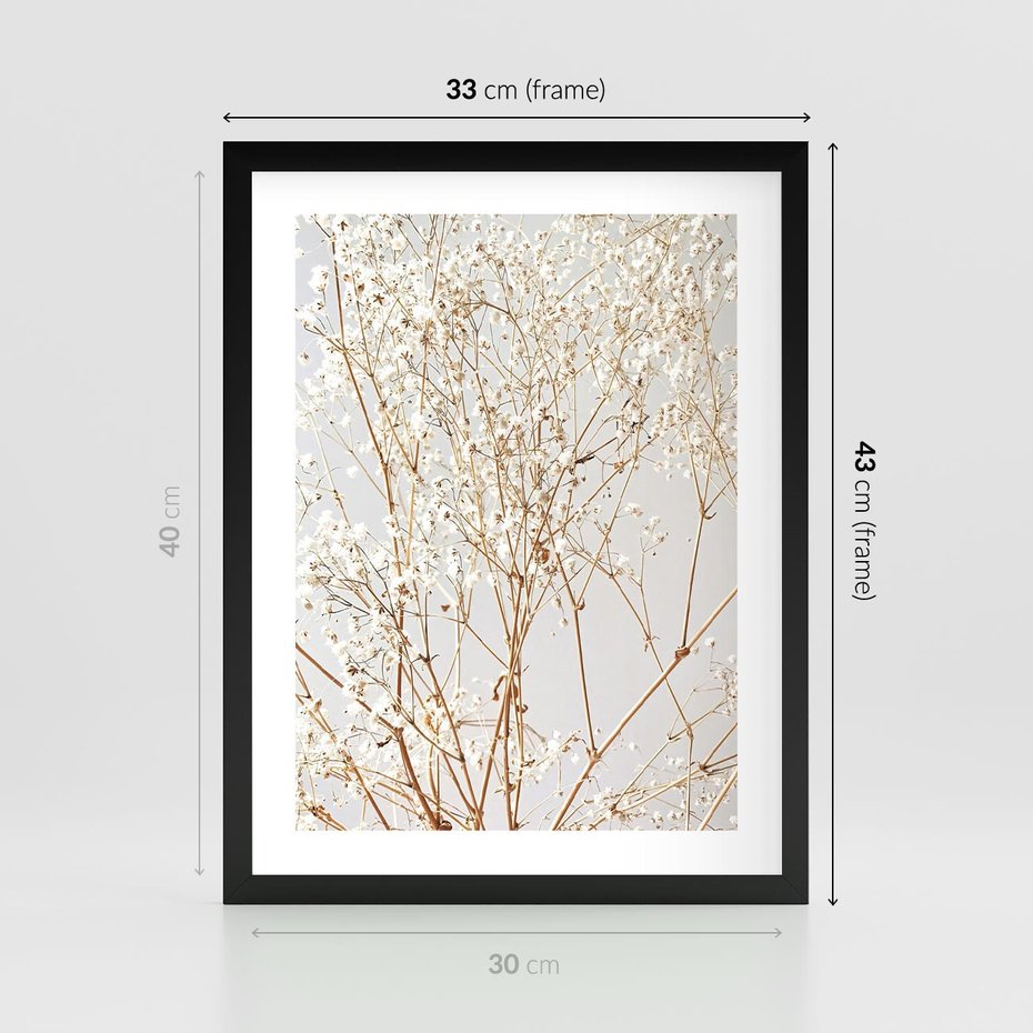 Plakat w ramie 30x40 - Minimalistyczna Delikatność - białe kwiaty, gipsówka - rama czarna