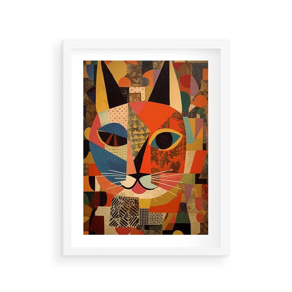 Plakat w ramie 30x40 - Impresje Nieznanych Odniesień - abstrakcyjny obraz olejny, kot - rama biała