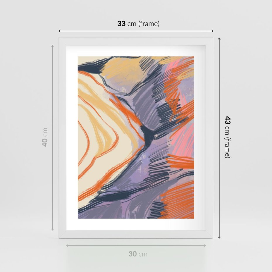 Plakat w ramie 30x40 - Pokreślony Świat - abstrakcyjne formy, odcienie pomarańczu i fioletu - rama biała