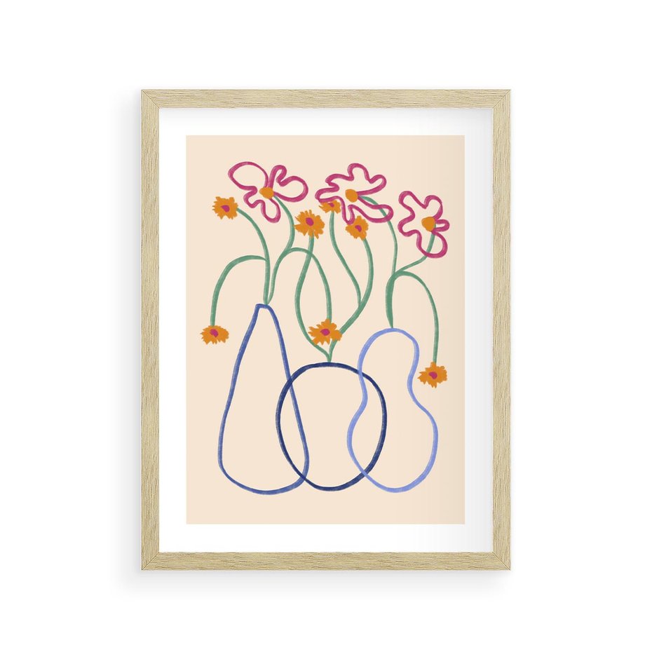 Plakat w ramie 30x40 - Migocące Pastelowe Impresje - minimalistyczny abstrakcyjny obraz, prymitywne kwiatki - rama drewno