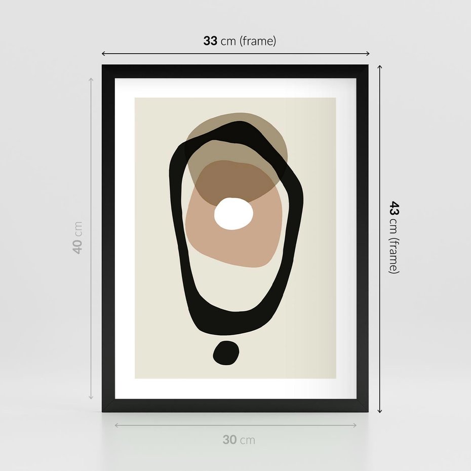 Plakat w ramie 30x40 - Intrygujące Zaskoczenia - beżowa abstrakcyjna kompozycja, czarny akcent - rama czarna