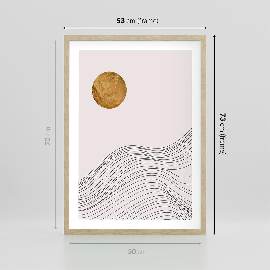 Plakat w ramie 50x70 - Minimalistyczne Słońce: Blask i Złoto - grafika, minimalizm - rama drewno