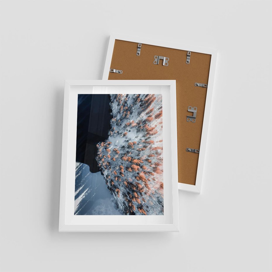 Plakat w ramie 30x40 - Lot Ptaka - zima, zimowy krajobraz - rama biała