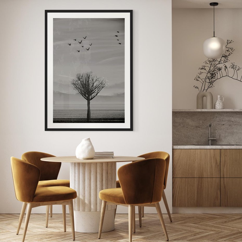 Plakat w ramie 30x40 - Samotne Drzewo - samotne drzewo w polu, czarno białe zdjęcie - rama czarna