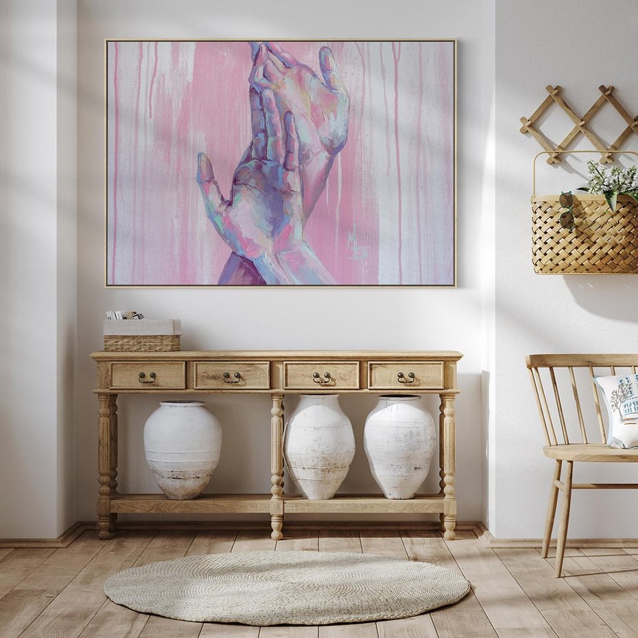 Obraz w ramie 70x50 - Splecione - obraz olejny, pastelowe kolory - rama drewno