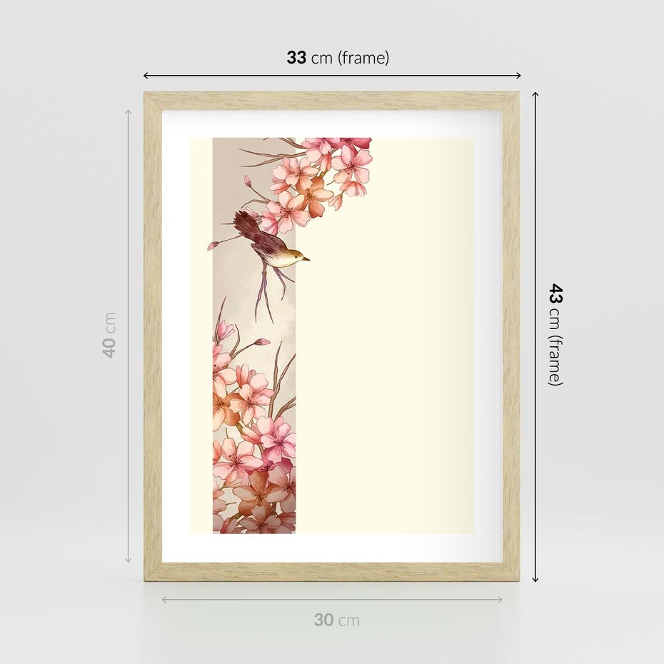 Plakat w ramie 30x40 - Rozkwitające Marzenia - japońska sztuka, ptak - rama drewno