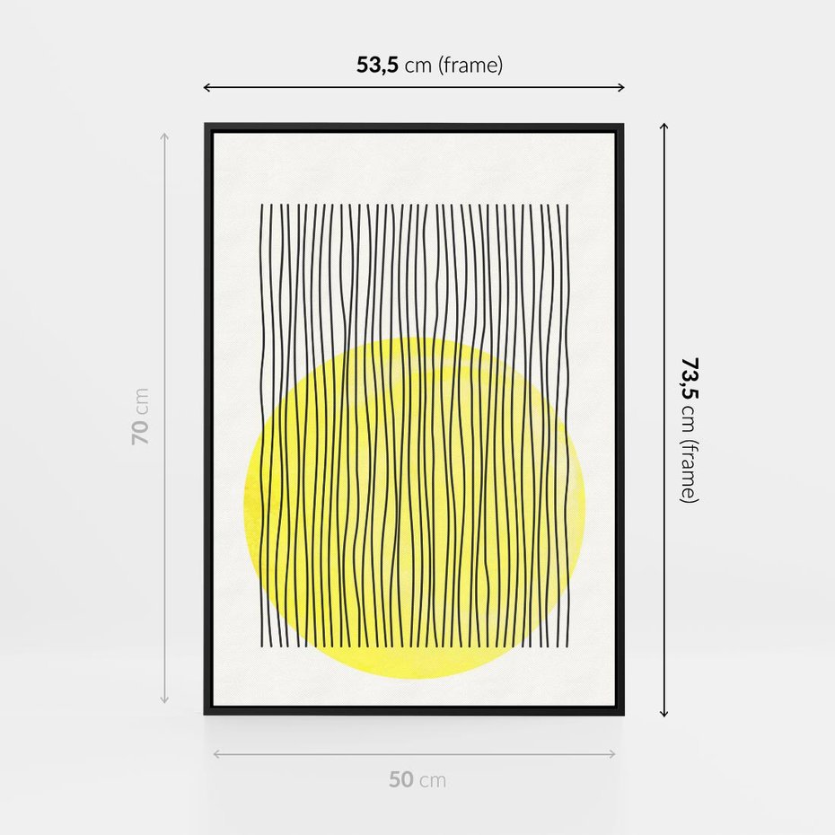 Obraz w ramie 50x70 - Ciepłe Przenikanie - geometria, żółte koło - rama czarna