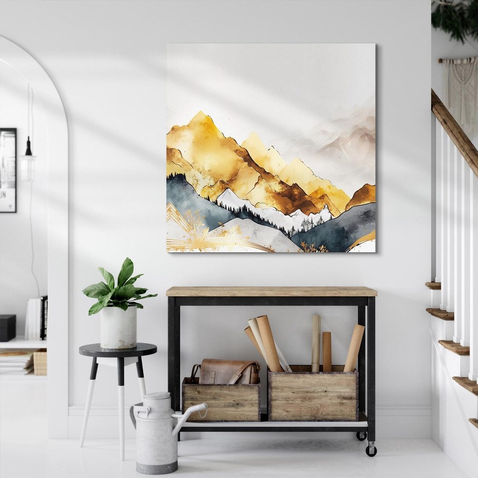 Obraz na płótnie 40x40 - Złote Góry - akwarela, graficzne góry