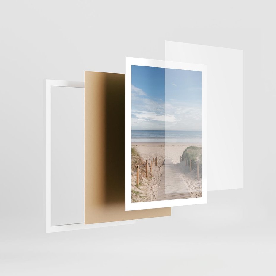 Plakat w ramie 50x70 - Plażowy pomost - plaża, pomost - rama biała