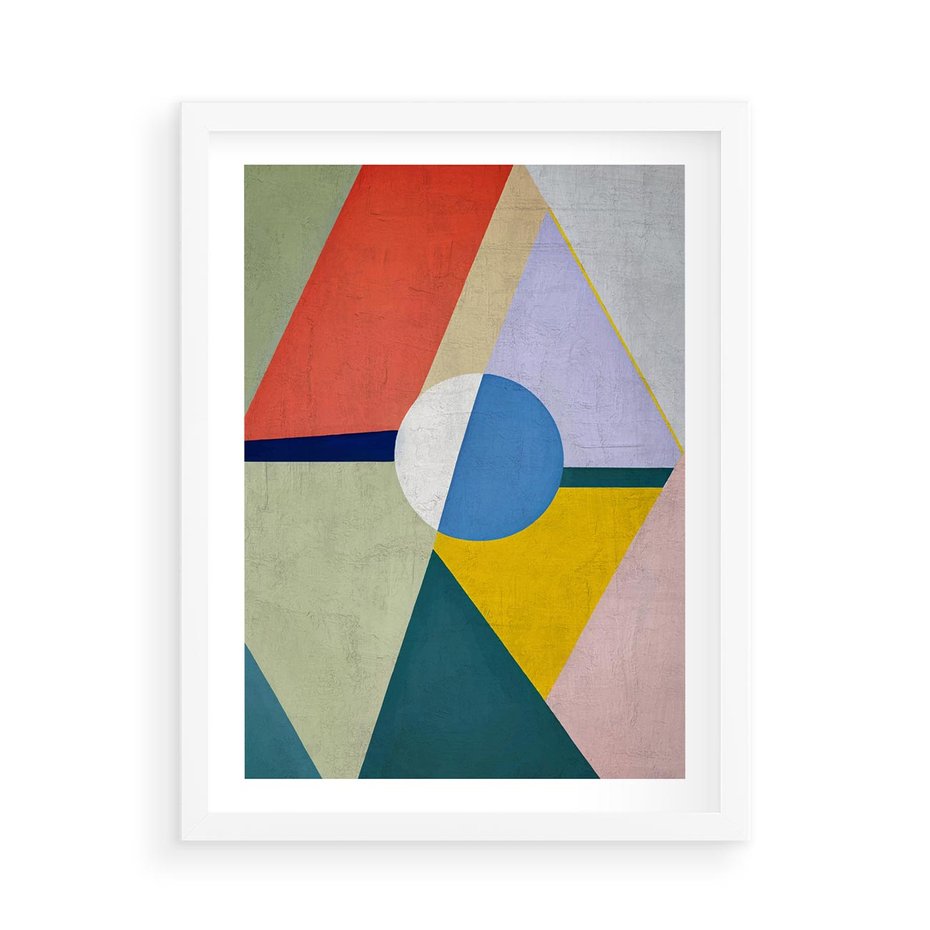 Plakat w ramie 50x70 - Taniec Subtelnych Odbić - abstrakcyjne geometryczne kształty, olejny obraz - rama biała
