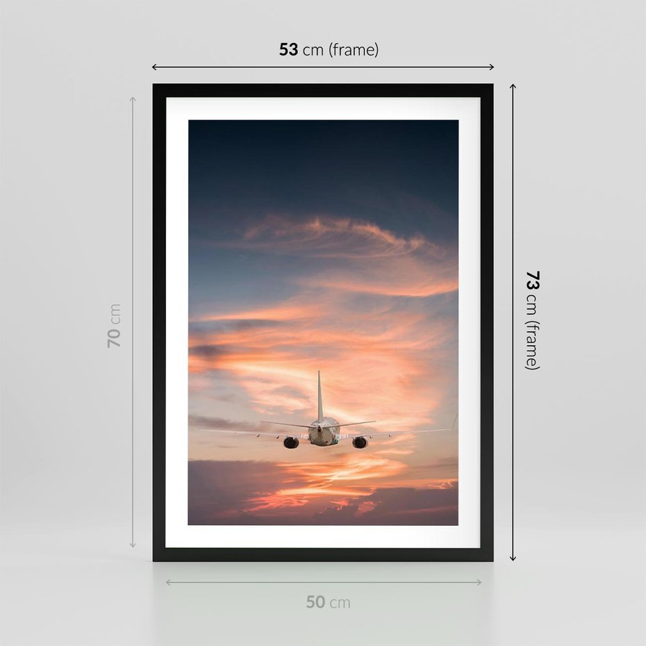 Plakat w ramie 50x70 - Podróż w Kierunku Słońca - samolot, samolot w powietrzu - rama czarna