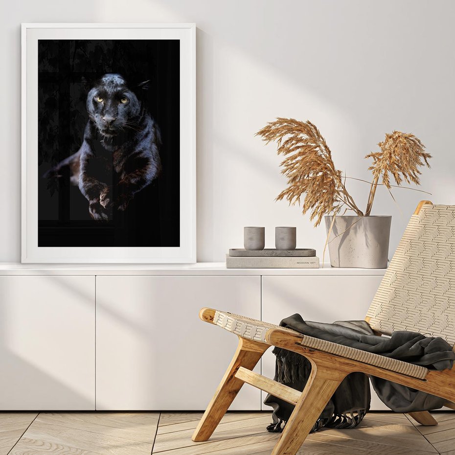 Plakat w ramie 30x40 - Czarna pantera: majestat i siła - czarna, pantera - rama biała