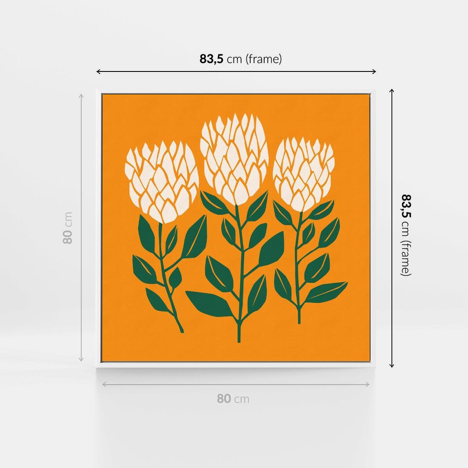 Obraz w ramie 80x80 - Kolorowe Impresje - abstrakcyjna kwiatowa kompozycja, żółte mocne tło - rama biała