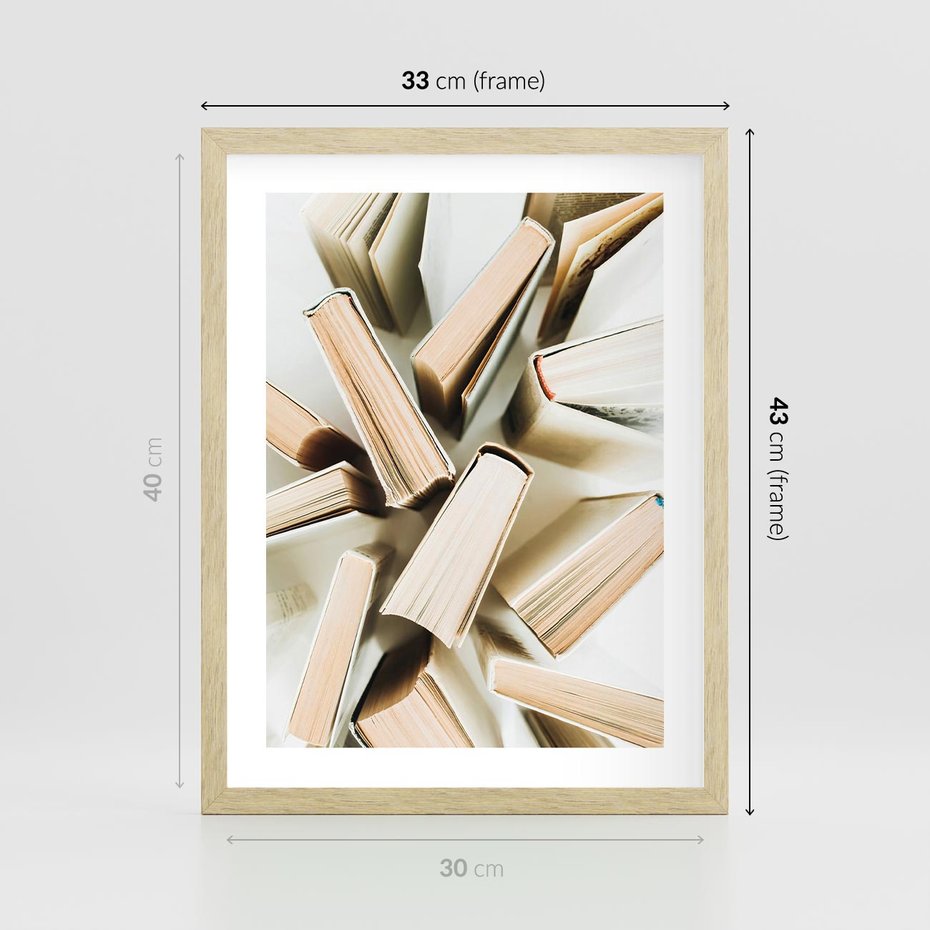 Plakat w ramie 30x40 - Odcienie Wiedzy - książki, ujęcie z góry - rama drewno