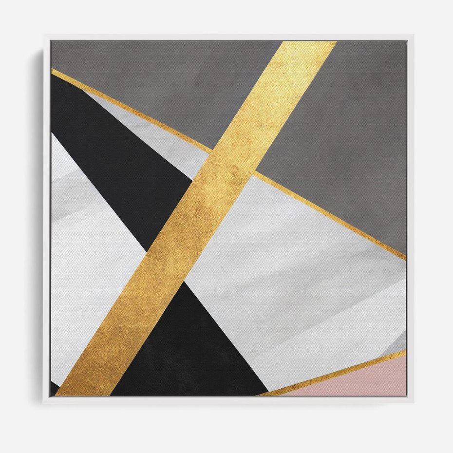 Obraz w ramie 50x50 - Pudrowe Abstrakcyjne Lustra - złote abstrakcyjne linie, szarość - rama biała