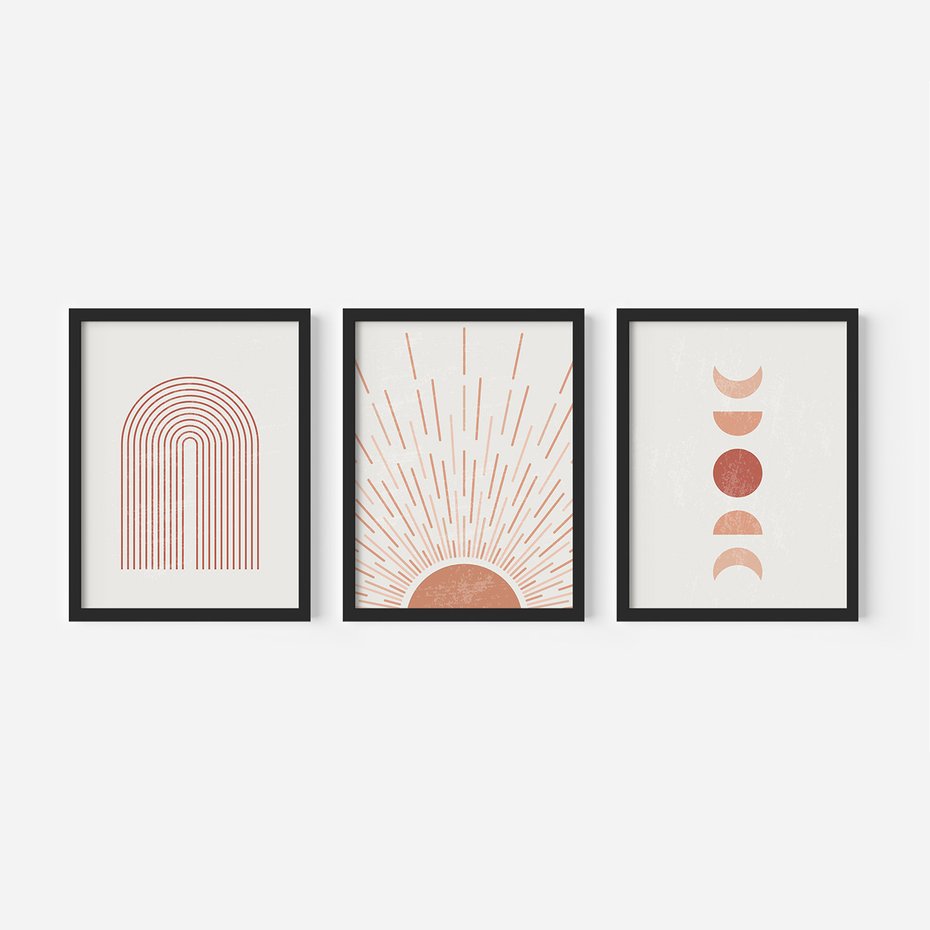 Zestaw obrazy w ramie 30x40 galeria - Boho, słońce, graficzne - rama czarna