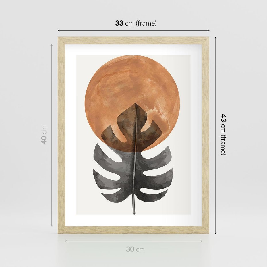 Plakat w ramie 30x40 - Natura a Sztuka - liść monstery, czarna grafika - rama drewno