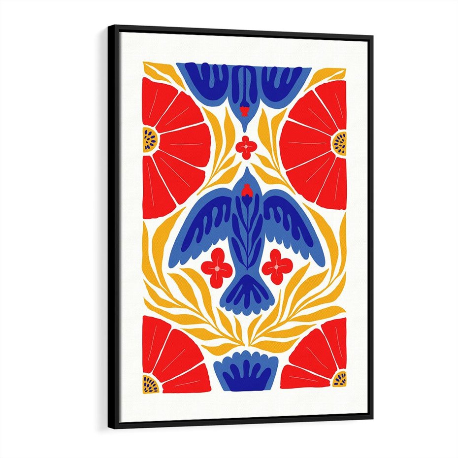 Obraz w ramie 50x70 - Eklektyczny Majestat - wyrazista grafika, mocne kolory czerwień niebieski żółty - rama czarna