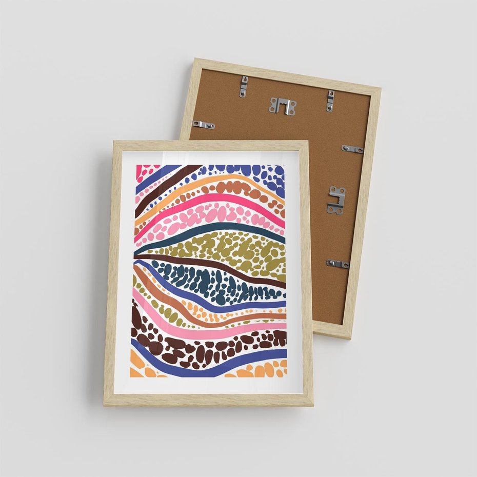 Plakat w ramie 30x40 - Wibracje Plam - kolorowe wzory, tęczowe żywe kolory - rama drewno