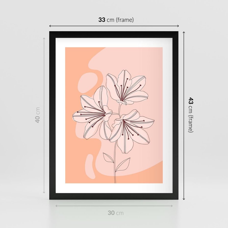 Plakat w ramie 30x40 - Kwiatowa Harmonia - minimalistyczny plakat, pudrowe kwiaty - rama czarna