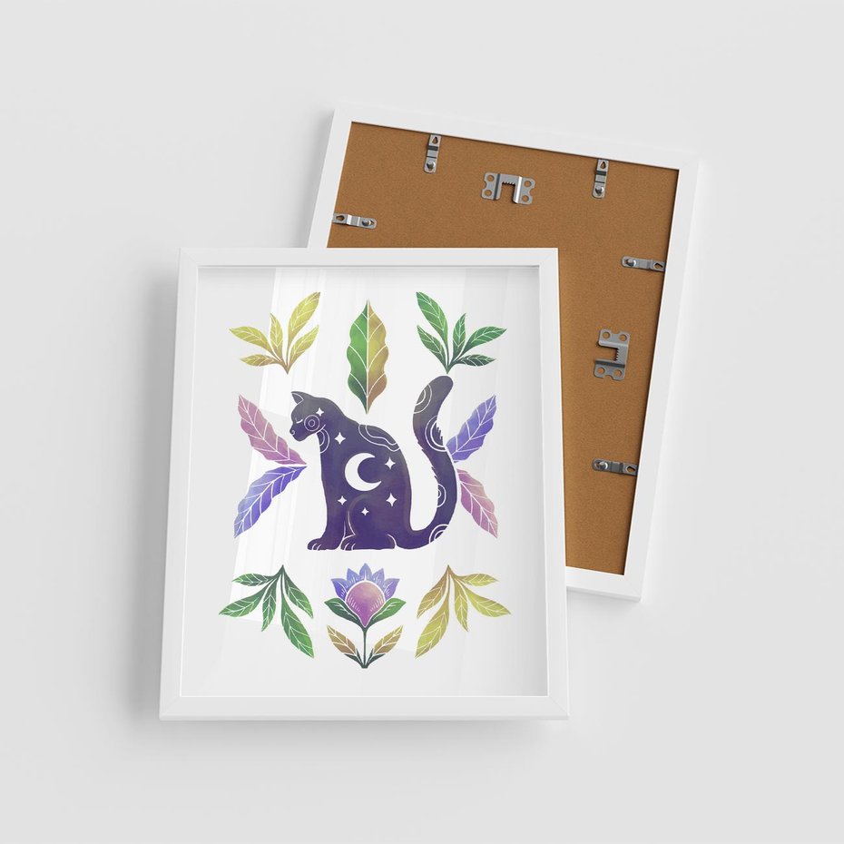 Plakat w ramie 40x50 - Migotliwa Przestrzeń - boho kot, plakat - rama biała