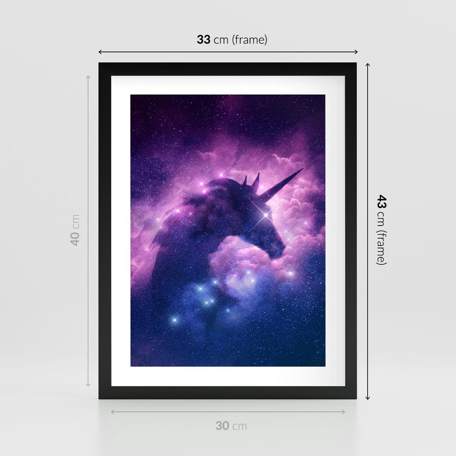 Plakat w ramie 30x40 - Mityczna podróż - kosmos, jednorożec - rama czarna