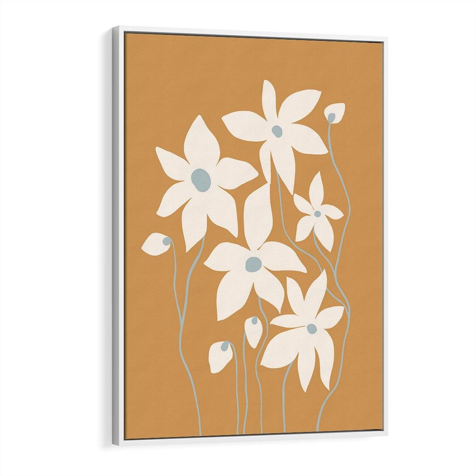 Obraz w ramie 80x120 - Kwiatowy Spektakl - minimalistyczne kwiaty, na pomarańczowym tle - rama biała
