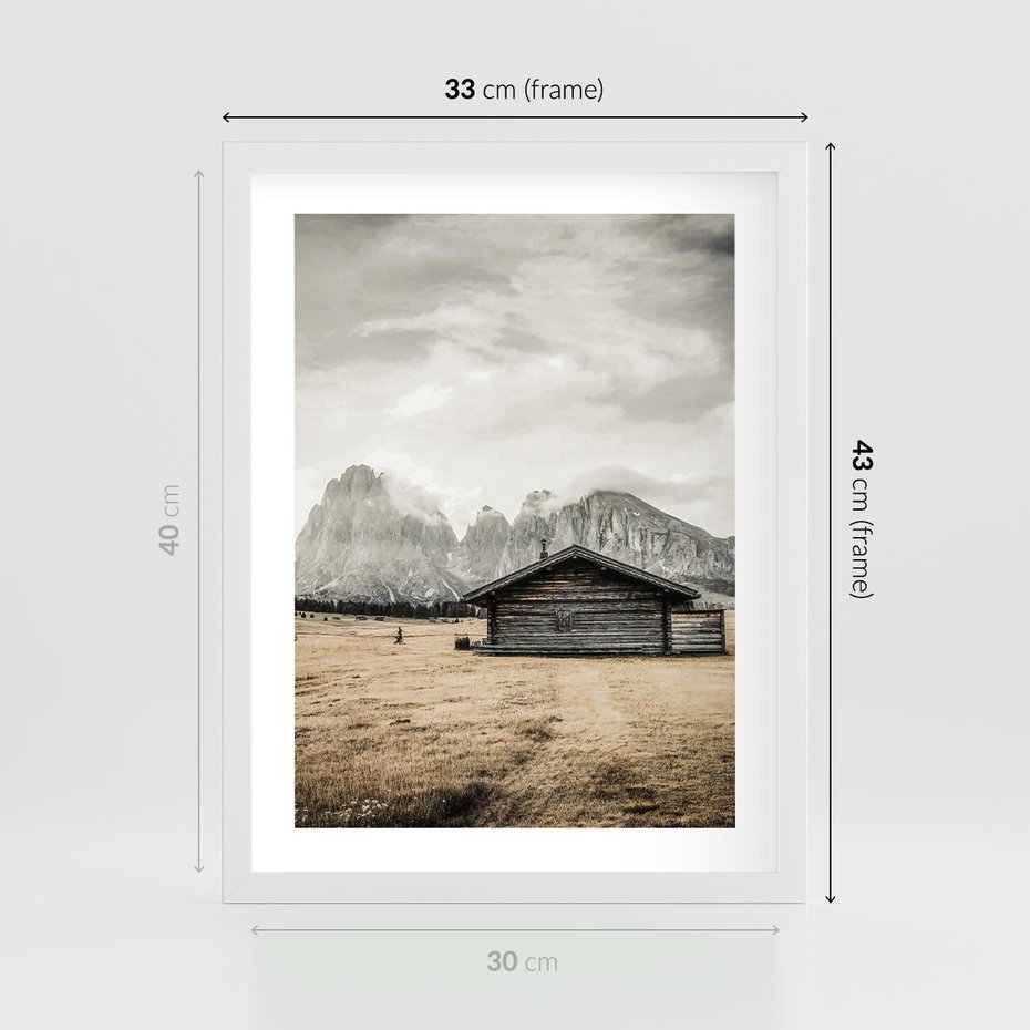 Plakat w ramie 30x40 - Surowa Przestrzeń i Górski Ustronny Azyl - chatka w górach, góry - rama biała