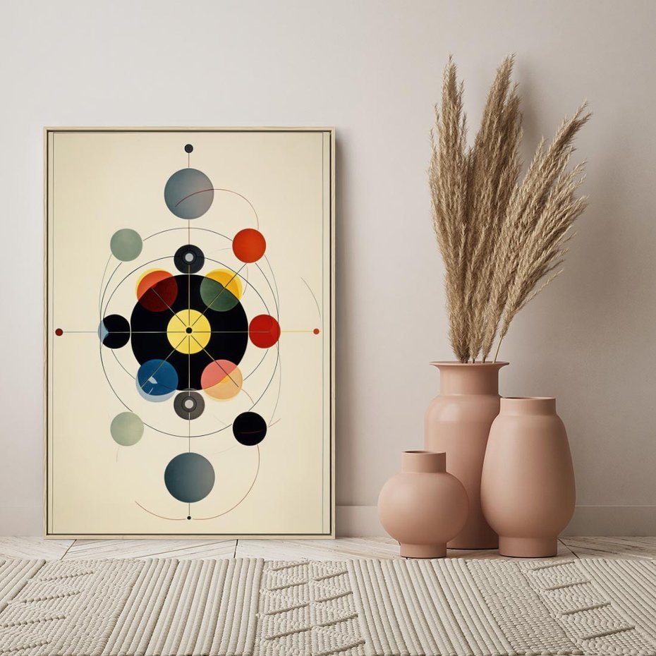 Obraz w ramie 50x70 - Bezgraniczny Taniec Światła - abstrakcyjna geometryczna kompozycja, koła linie - rama drewno
