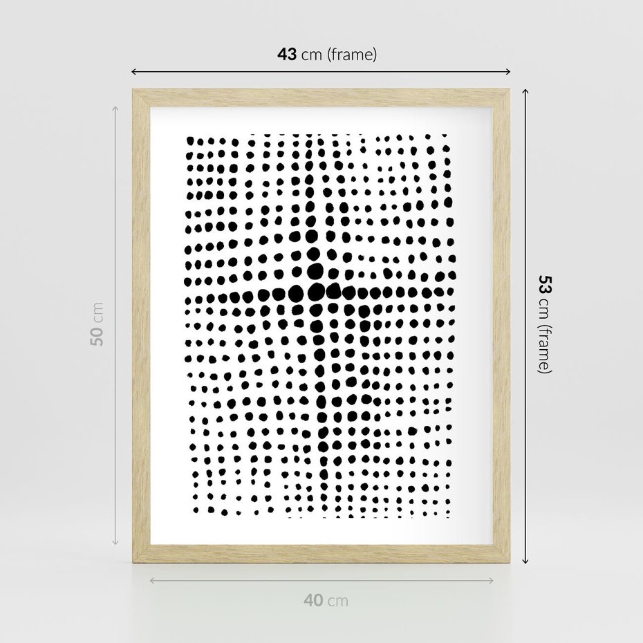 Plakat w ramie 40x50 - Refleksje Monochromatycznych Widoków - abstrakcyjna kompozycja z czarnych kropek, minimalistyczny czarno bialy plakat - rama drewno