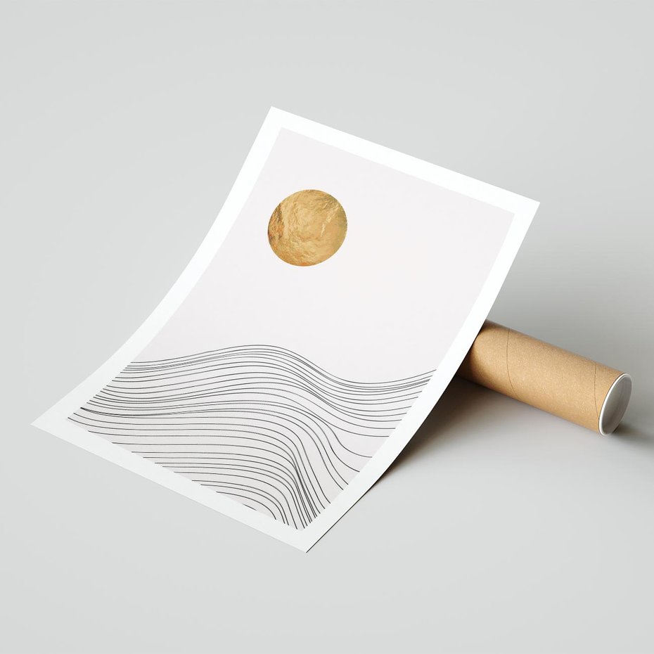 Plakat bez ramy 50x70 - Minimalistyczne Słońce: Blask i Złoto - grafika, minimalizm