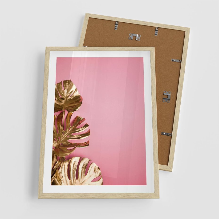 Plakat w ramie 50x70 - Luksusowa Elegancja - złote, liście - rama drewno