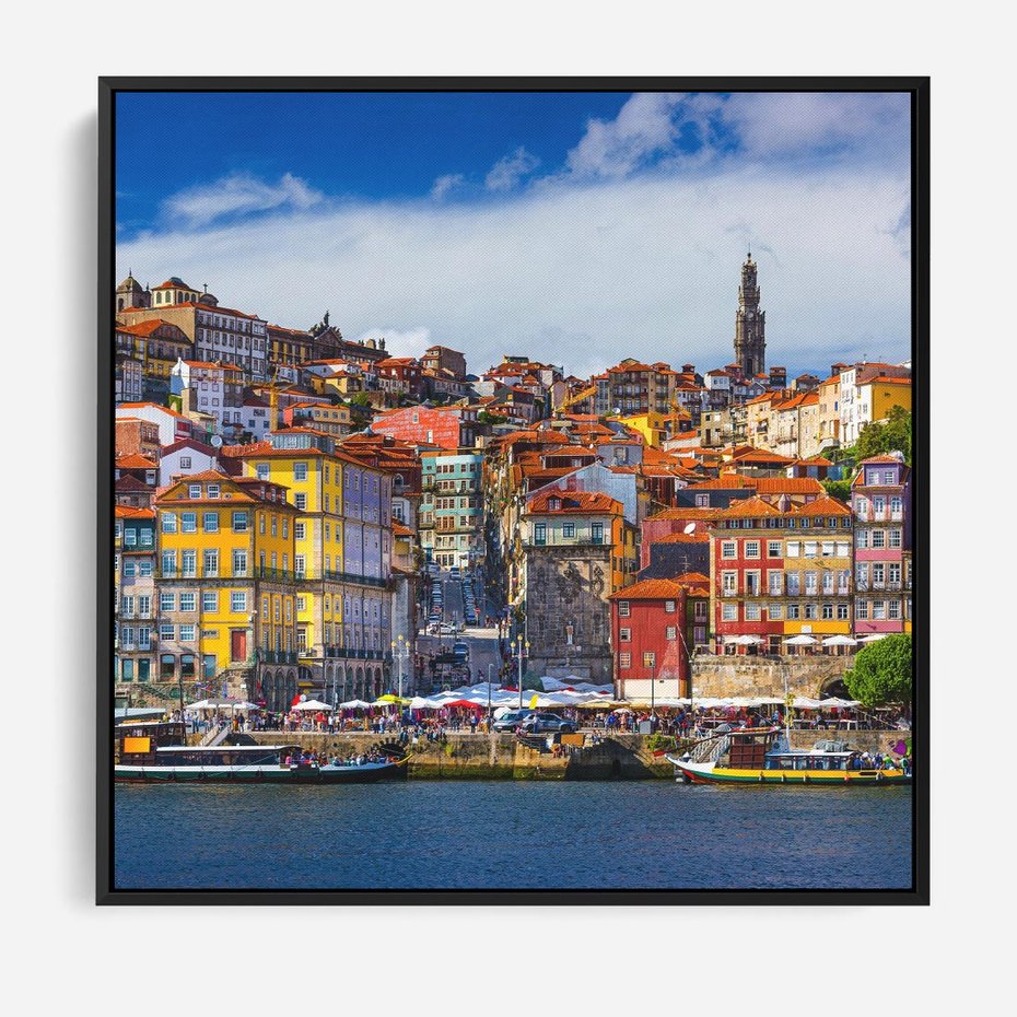 Obraz w ramie 50x50 - Kolorowa Przystań - nadmorskie miasto, kolorowe budynki - rama czarna