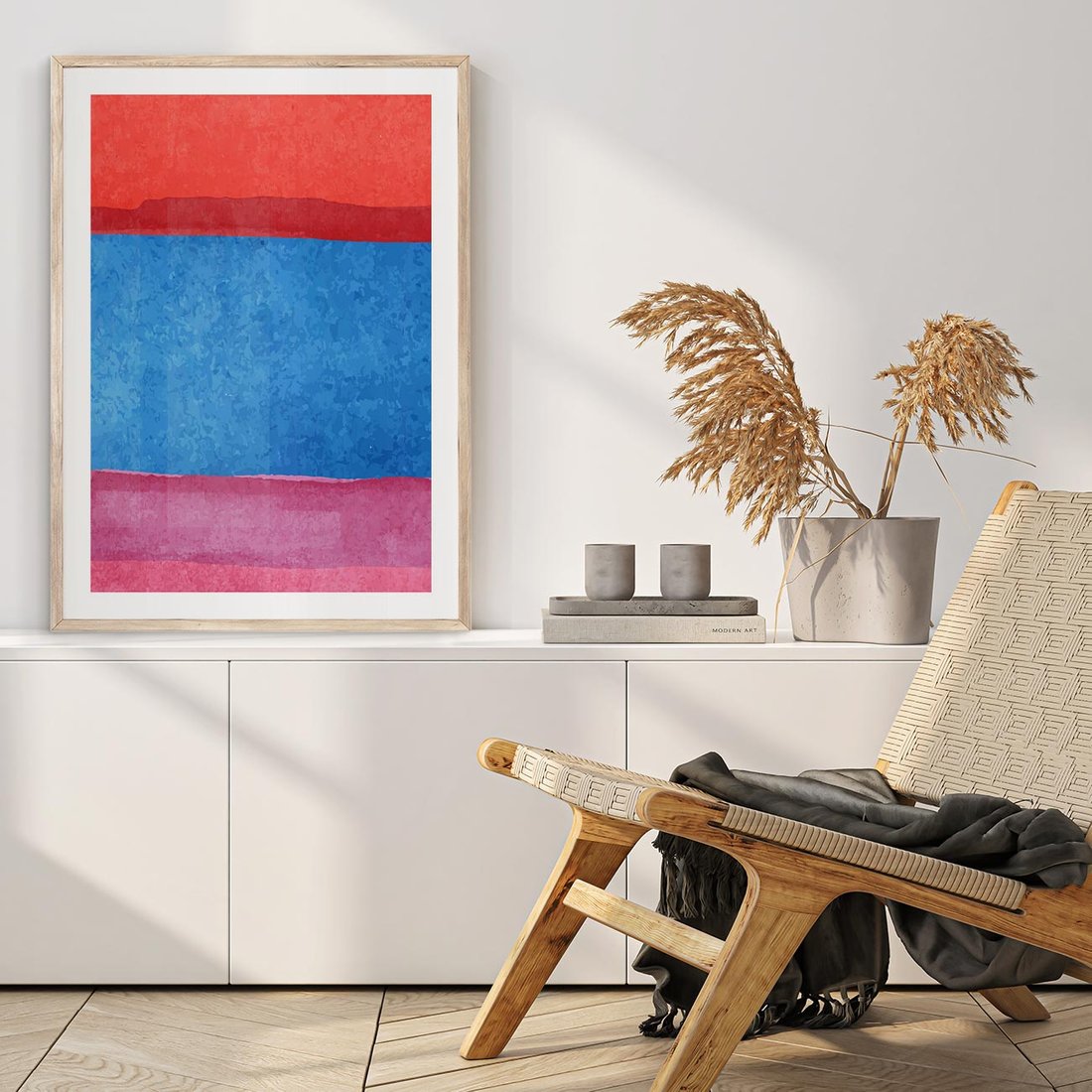 Plakat w ramie 50x70 - Migocące Formy - kolorowe akwarelowe pasy, odcienie czerwień - rama drewno