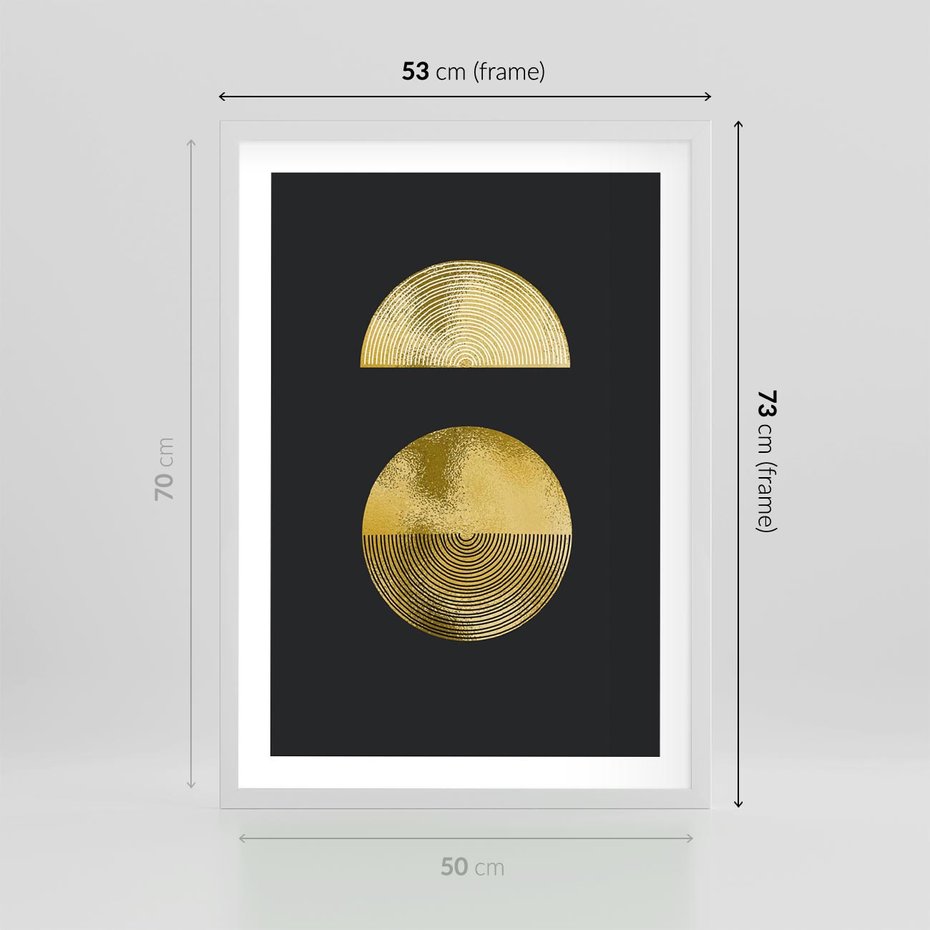 Plakat w ramie 50x70 - Migotliwe Przeniknięcia - złote koła, czarne tło - rama biała
