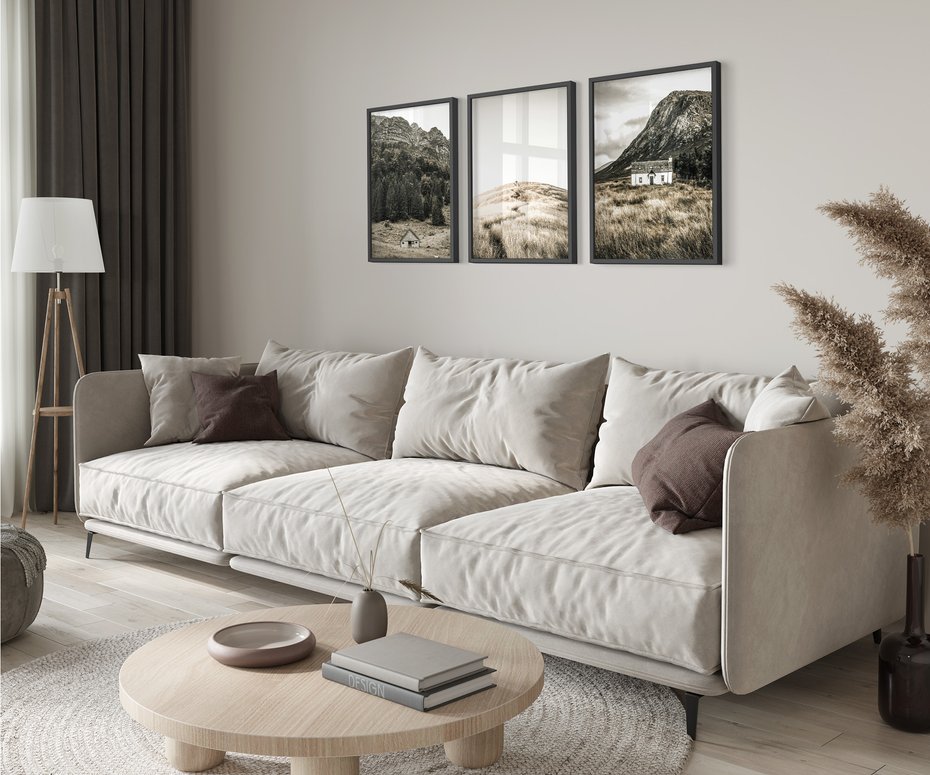 Zestaw obrazy w ramie 40x50 galeria - Górskie, domki, łąki, sepia - rama czarna