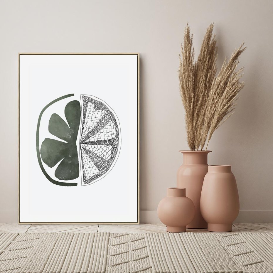 Obraz w ramie 70x100 - Cytrynowe Echo - minimalistyczny plakat, cytryna - rama drewno