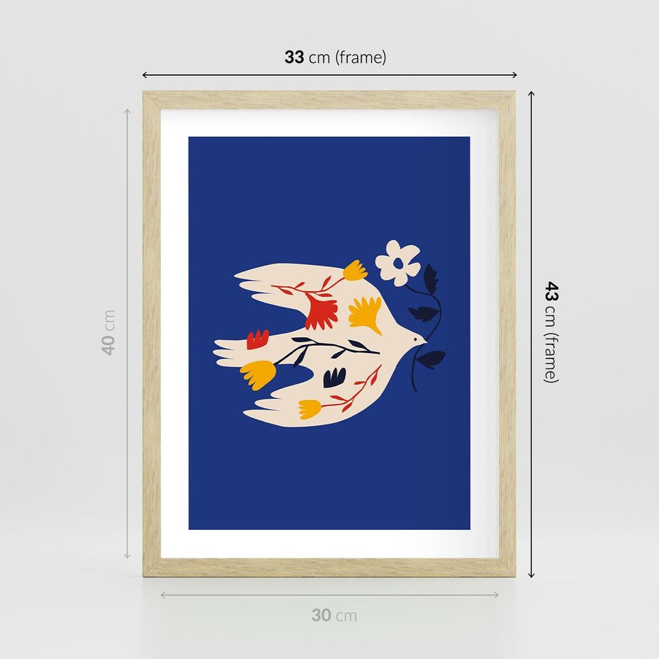 Plakat w ramie 30x40 - Bezczasowy Szept - niebieskie tło, abstrakcyjny biały ptak - rama drewno