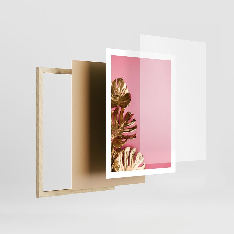 Plakat w ramie 50x70 - Luksusowa Elegancja - złote, liście - rama drewno