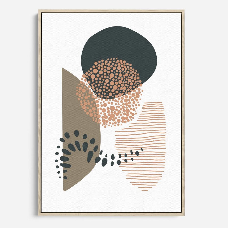 Obraz w ramie 50x70 - Harmonia Akwarelowych Przestrzeni - abstrakcyjna kompozycja z kropek kresek i kółek, odcienie brązu i beżu - rama drewno