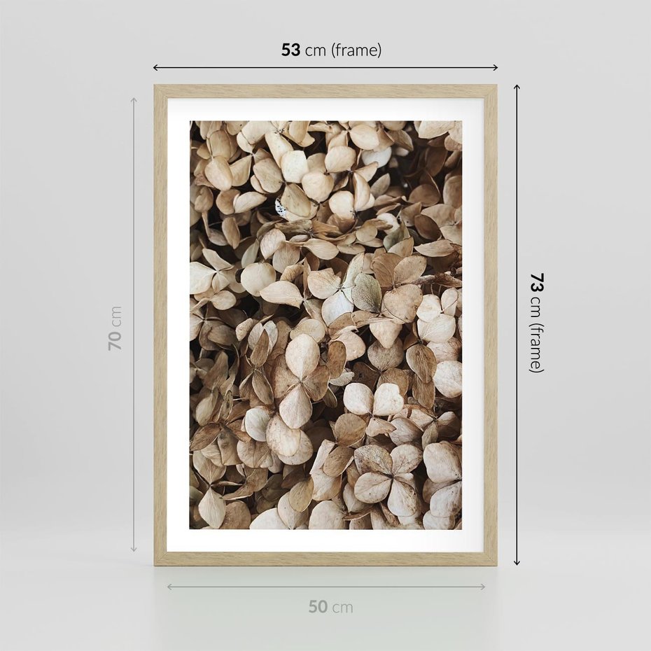 Plakat w ramie 50x70 - Delikatność Hortensji: Kompozycja Kwiatów w Beżu - hortensja, odcienie beżu - rama drewno