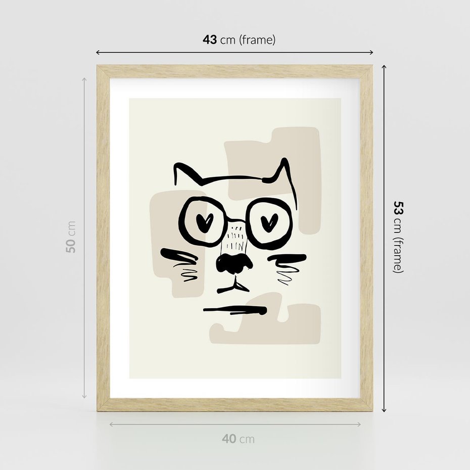 Plakat w ramie 40x50 - Minimalistyczny Kot: Czarna Kreska - kot, grafika - rama drewno