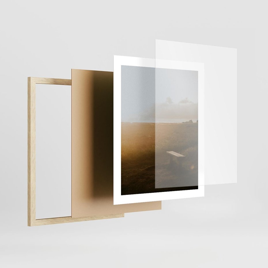 Plakat w ramie 40x50 - Mglisty zachód słońca na ławeczce - mgła, zachód - rama drewno