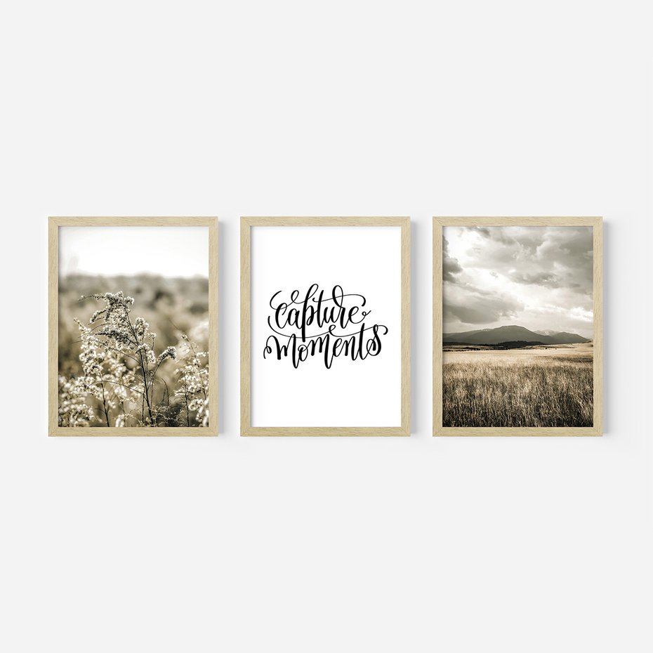 Zestaw obrazy w ramie 50x70 galeria - Boho, minimalizm, spokój, napis - rama drewno