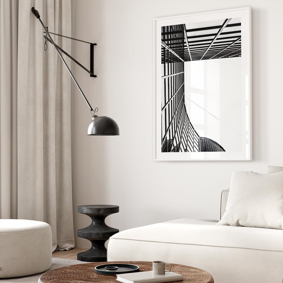 Plakat w ramie 30x40 - Minimalizm Wysokości - architektura, czarno białe zdjęcie - rama biała