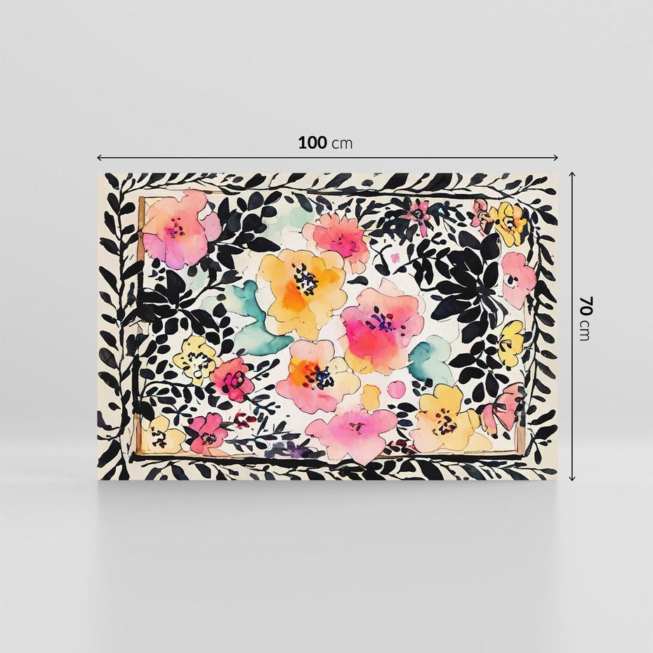 Obraz na płótnie 100x70 - Opowieść w kroplach farb - akwarelowe kwiaty, mocna ornamentowa czarna ramka namalowana dookoła obrazu