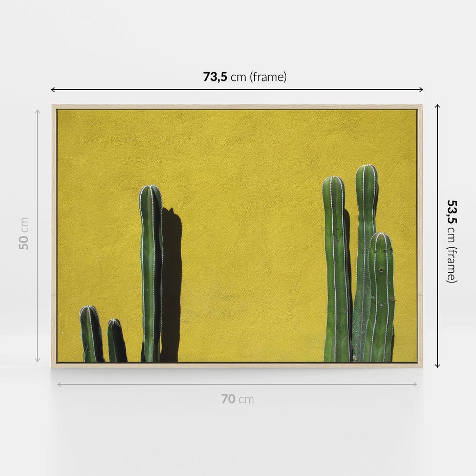 Obraz w ramie 70x50 - Refleksje w roślinnym odbiciu - zielone kaktusy na tle żółtej ściany, soczyste kolory - rama drewno